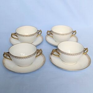 Antique BERNARDAUD Bouillon Cups & Saucers Set 4 D & Co LIMOGES Gold Scrolls